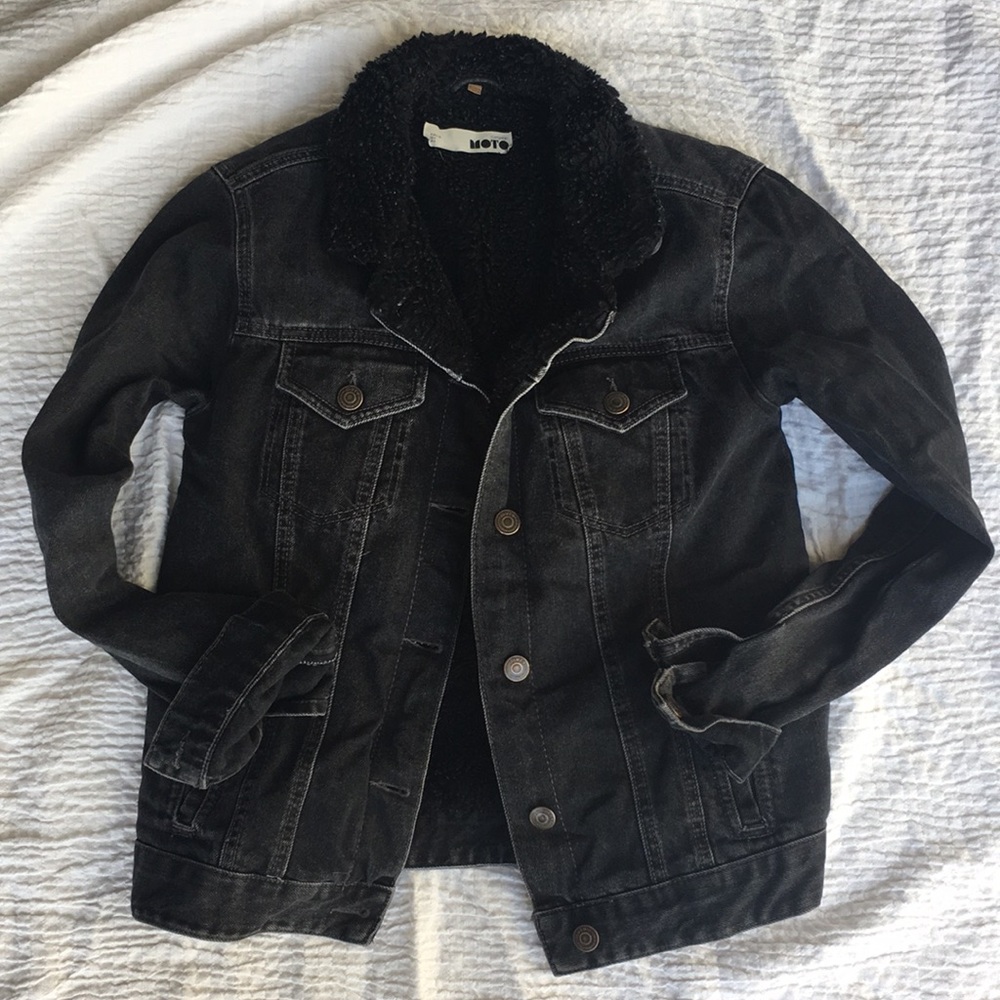 Top shop Black denim jacket with fur